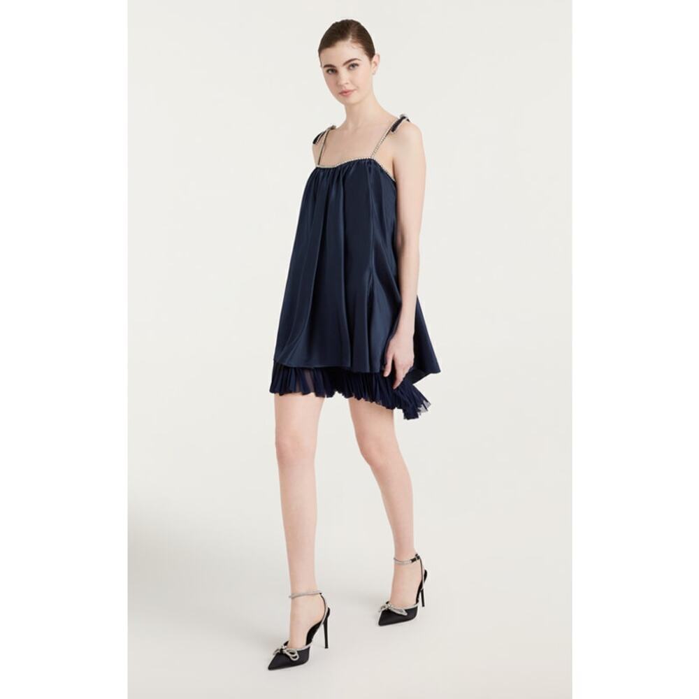 CINQ A SEPT Rhinestones Pleated Hook And Eye Silk Muni Dress Navy Size 8 NWOT